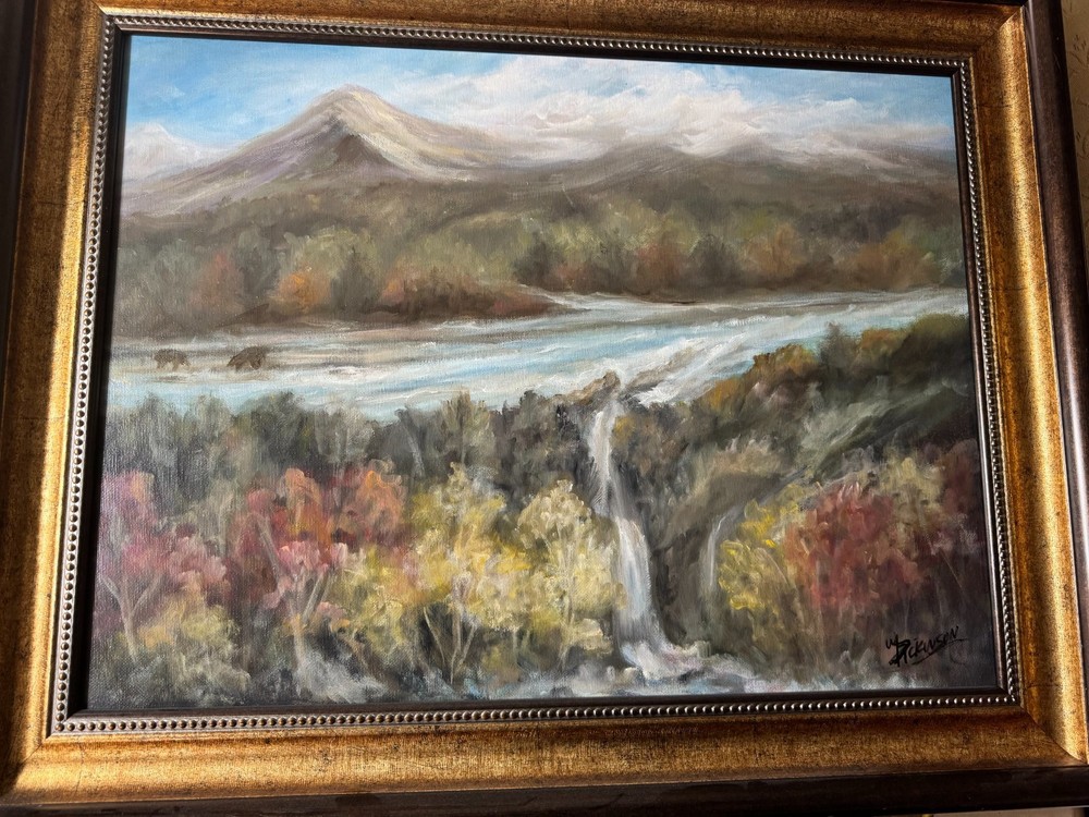 Large W Dickinson Acrylic Painting Mountain Landscape Waterfall River Framed Art