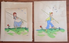 Rare Vtg 40s Swedish Folk Art Painting by Dorothy Dix Hollywood CA Americana #D