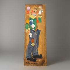 VTG Brother Matthew OSF Clown Painting Signed Barn Wood Plank MCM Rustic 26×9”