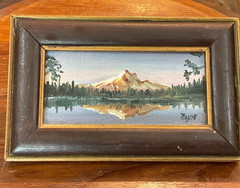 Vintage Mini Landscape Painting 5-1/4″ x 3-1/4″ Signed Mountain Lake Mt Hood Ore