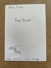 aceo Red Boat Seascape Clouds Ocean Sailing original painting Emily Daley OOAK