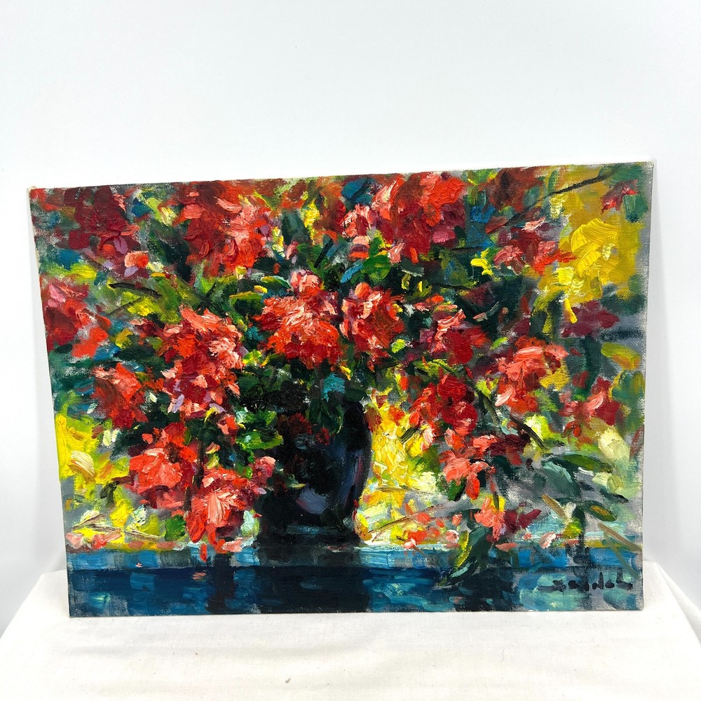 Original Artwork 12”x16” Oil On Canvas Panel Red Flowers By Tadeusz Seidel