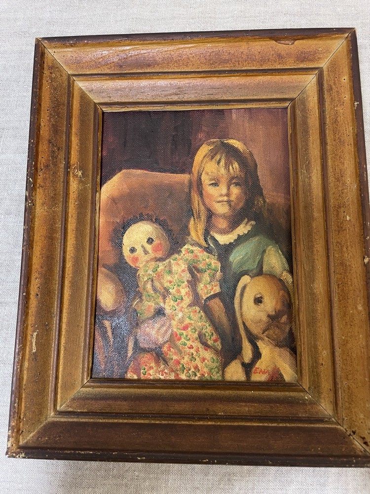 VTG 70s Oil Painting Portrait Girl rag Doll rabbit Child 5X7 framed Ena Hunt KS