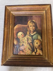 VTG 70s Oil Painting Portrait Girl rag Doll rabbit Child 5X7 framed Ena Hunt KS