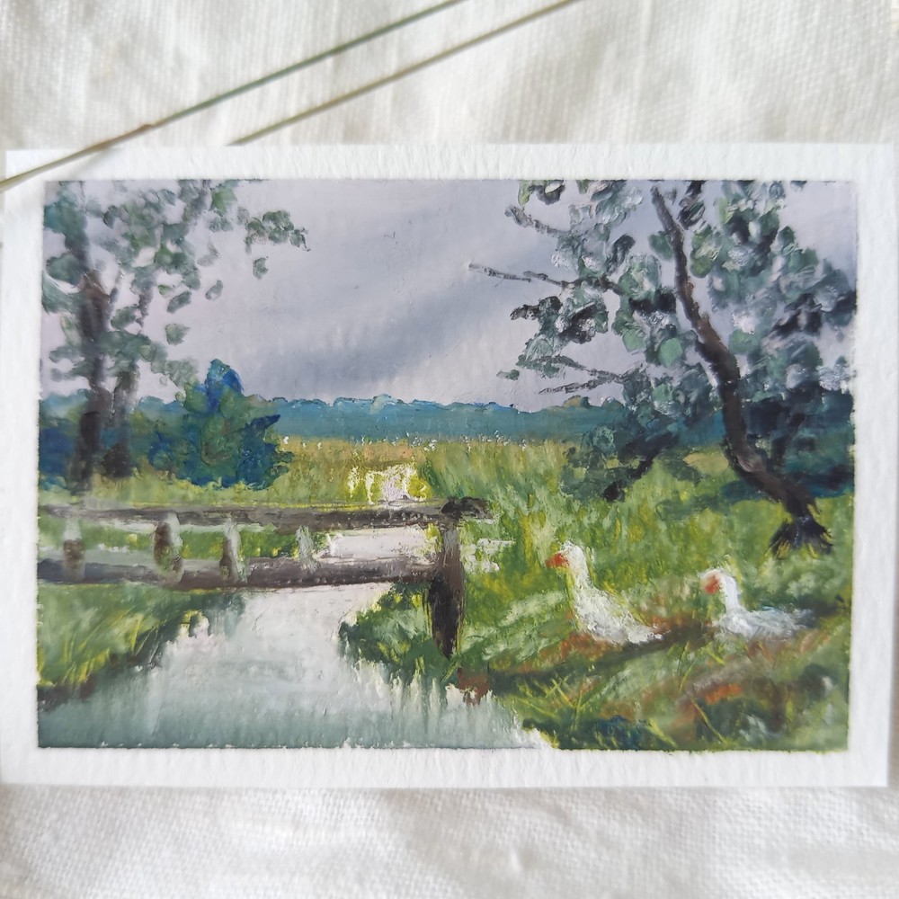 Original ACEO Countryside Geese Landscape Impressionist Rural Small Painting