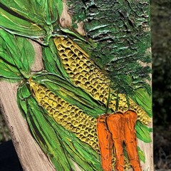 Original Bohemian Wood Panel Painting Art Signed Corn Carrots From 1969 MCM VTG