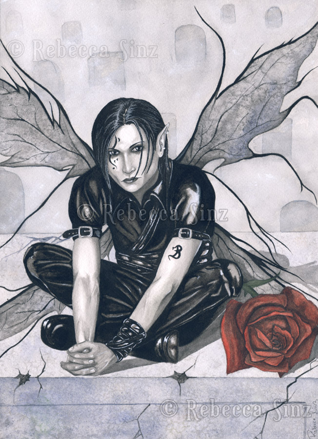 Gothic Male FAIRY Fantasy Art ORIGINAL PAINTING Cemetery Rose Tombstone Black WC