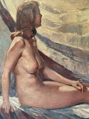 HOWARD SCHULER PAINTING NUDE WOMAN FEMALE MODEL MID CENTURY LISTED OIL ANTIQUE