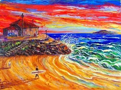 SANTA CRUZ SURF Original Oil Painting Arthur Robins surf board ocean beach sand