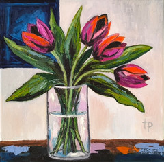 Colorful Tulip Oil Painting Modern Floral Wall Art Flowers Bouquet 11.8×11.8″
