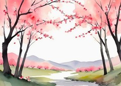 ACEO Cherry Blossom Landscape Tiny Miniature Mini *ART PRINT* Watercolor Saulite