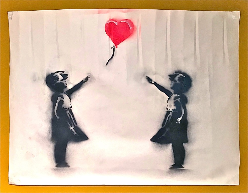 BANKSY — TWO BALLOON GIRLS LARGE ORIGINAL STENCIL SPRAY PAINTING, ON SALE !!!