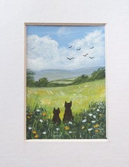 ACEO ORIGINAL HAND PAINTED SIGNED # THE BLACK CAT AND KITTEN# LANDSCAPE PAINTING