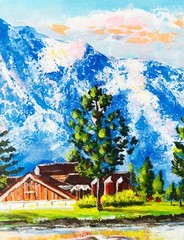 Original Painting Lake Tahoe California Pine Tree Mountain Landscape 7 x 8″
