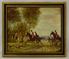 19th c. After Leszek Piasecki, antique oil painting „Hunters at Full Gallop.