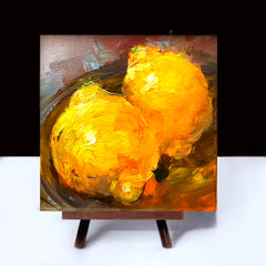 Original Oil Painting Two Lemons Still Life Wall Art framed 4x4inches Signed OS