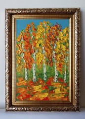 Framed Autumn Forest Landscape Birch Tree Art 4×6” Impasto Oil Painting Original
