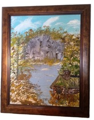 Vtg Original Oil Painting Cabin by Rocky Cliff River Landscape Framed Florida