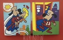 Vintage Hand Painted Underdog Character Paintings Pair 8×10 Cartoon Art