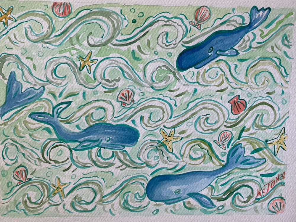 Happy Whales | K C Jones 9 X 12 Watercolor Painting Lily Pulitzer Inspired Art