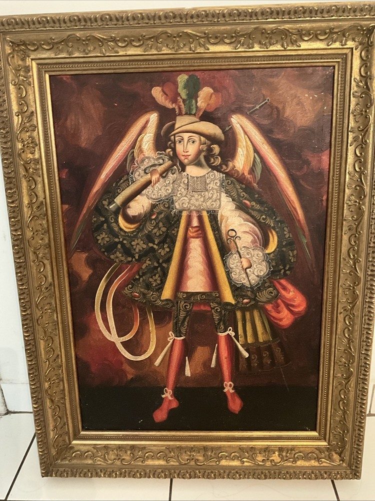 C’1890’s PERU OIL ON CANVAS Angel Arcabucero Cuzco School 27”x19″ (FRAMED 34X26)