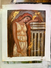 Vintage Neoclassical Lady Portrait Gold Leaf Detail Decorative Oil Painting Art