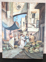 Claudio Marra Original Oil On Wood Painting Capri Italy Village Market Scene