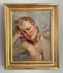 Framed Original Painting of Solemn Woman Figure Portrait Impressionist Signed