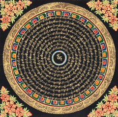 OM MANI PADME MANTRA MANDALA ORIGINAL TIBETAN THANGKA PAINTING WITH SILK BROCADE