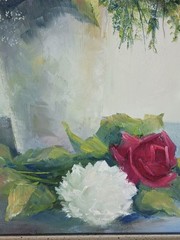 Vintage Oil Painting floral impressionist red roses white peonies signed
