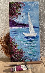 Amalfi Coast Sailboat Original Oil Impasto Painting Italian Seascape 8 x 16 in