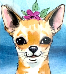 Original Chihuahua ACEO Painting Cute Dog with Flower OOAK Mini Art AdriO