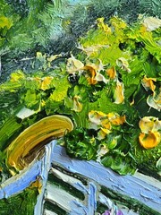 Garden Bench with Hat Oil Painting 21×26 cm Flowers Landscape Painting with Frame