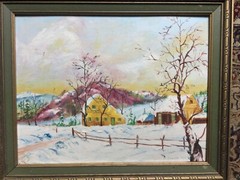 Vintage 1965 Primitive Grandma Moses Style winter oil painting by L Doucette