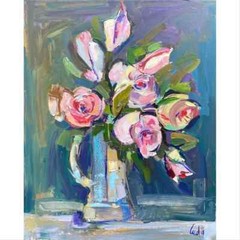 Still Life of Pink Roses in a Glass Vase Oil Painting on Canvas Size 30×24 Inch