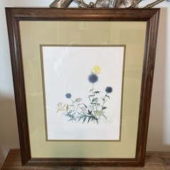 VTG Watercolor Print By Mads Stage Thistle & Butterfly 23×19 Wood Frame Danish