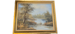 Vintage F Watts Signed Oil Painting Stretched Canvas Autumn River Landscape…