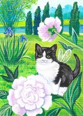 ACEO PRINT OF PAINTING RYTA TUXEDO CAT SPRING GARDEN PEONY FLOWER FAIRY 🌸 Art