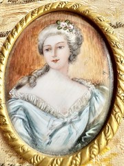 Rare 19th C. French Hand Painted Miniature Portrait Gold Gild & Tapestry Frame
