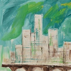 LeMark Mid-Century Modern Aqua Blue White and Green Nautical Harbor Painting
