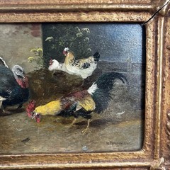 Oil Painting Turkey and Chickens Signed Max Haenger Animal Painter Painting on Wood