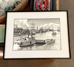 Original Gouache Painting Nautical Historical Harbor Steamship Paddle Wheeler