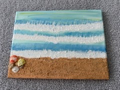 Textured Mixed Media Beach Scene Painting with Seashells, Handmade Original