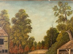 🔥 Antique Old American Southern Folk Art River Landscape Oil Painting, 1860s