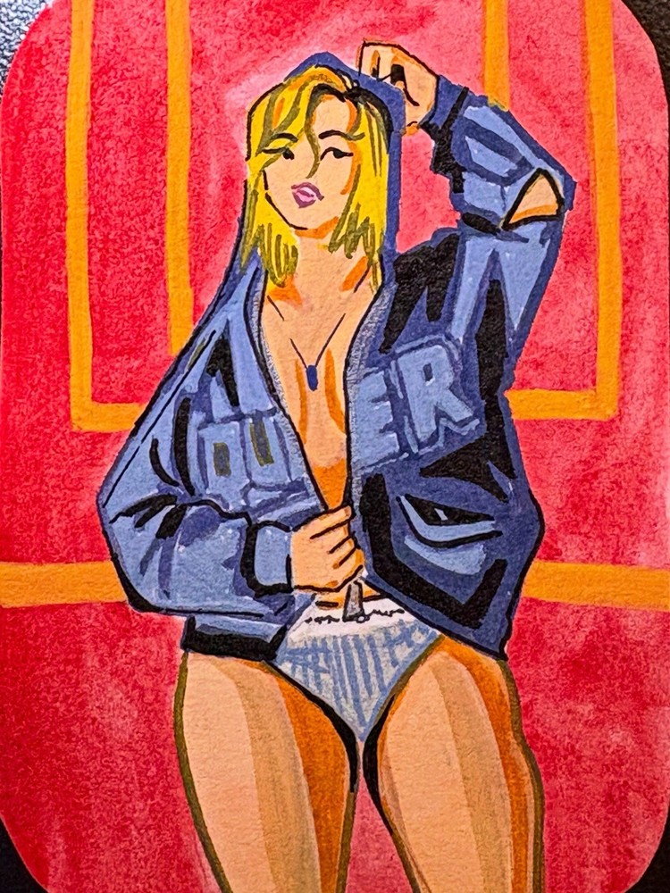 ACEO Original Pinup Reneé Rapp Hoodie Acrylic on Paper 2.5×3.5 by BrieMcDoodles