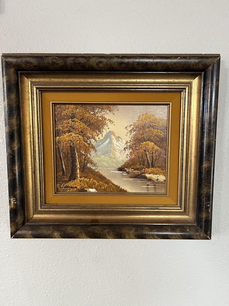 Vintage Oil On Canvas Painting Landscape Mountain River Scene Art Framed Signed