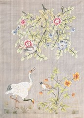 Antique Style Silk Painting Large Chinoiserie Crane Birds Botanical Wall Decor