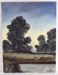 16″ Oil Painting Canvas Lea Mikel Summer Landscape Trees Cottage Decor Lake #4