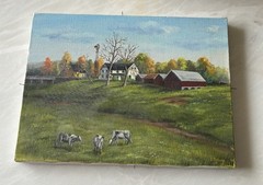 Vtg Original Oil Painting “Suttons Farm” Barn Landscape Cows Unframed Lis Behnke