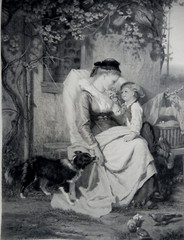 Antique Anton Dieffenbach,Paul Girardet,Motherhood, 1880-1890.Etching.26 1/2″x22